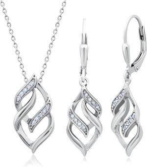 MAX + STONE Diamond Eternity Pendant Necklace and Dangle Earrings for Women in Sterling Silver | 0.17 Carat Real Diamond Necklace and Earring Sets