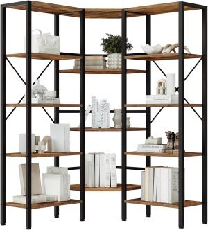 HOOBRO Industrial Corner Bookshelf, 5-Tier L-Shaped Bookcase, Open Display Storage Rack, Floor Standing Storage Shelf, for Living Room, Bedroom, Home Office, Rustic Brown and Black BF68SJ01