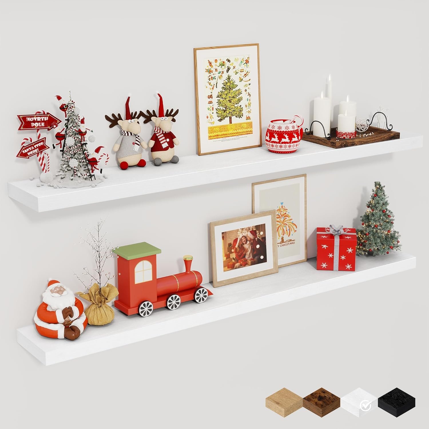 Fun Memories White Floating Shelves for Wall, 48 Inch Floating Shelves for Home Decor, Wall Mounted Rustic Wood Shelves, Bathroom, Hanging Deep Shelf for Bedroom, Living Room, Kitchen, 2 Packs