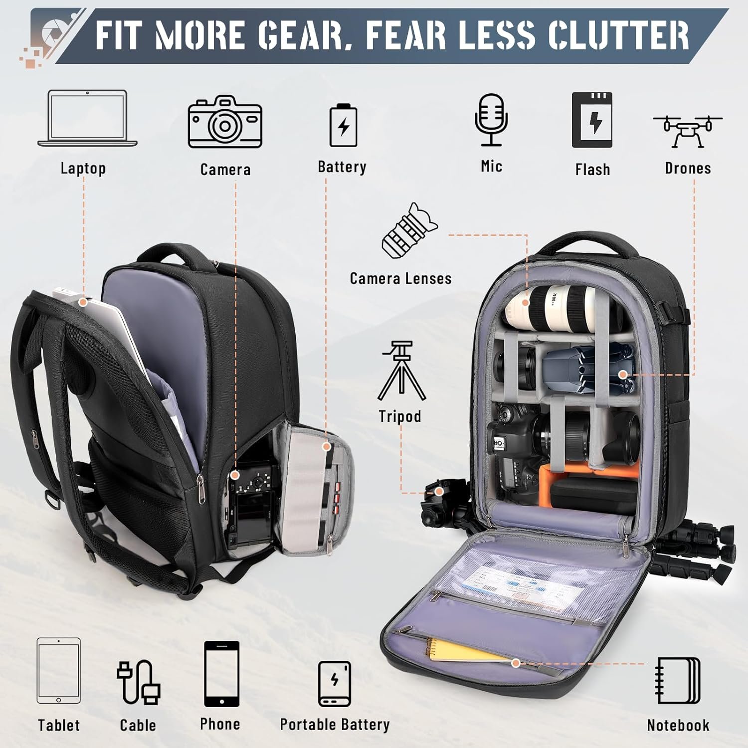 RAINSMORE Camera Backpack Hard Shell for DSLR/SLR Waterproof Camera Bag with Laptop Compartment 15.6 Inch Professional Camera Case with Rain Cover Photography Backpack Bag with Camera Lens Case Black - Image 2