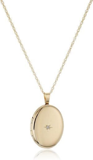 Amazon Essentials 14k Gold-Filled Polished Oval Pendant with Genuine 0.01 cttw Diamond Locket Necklace, 18″