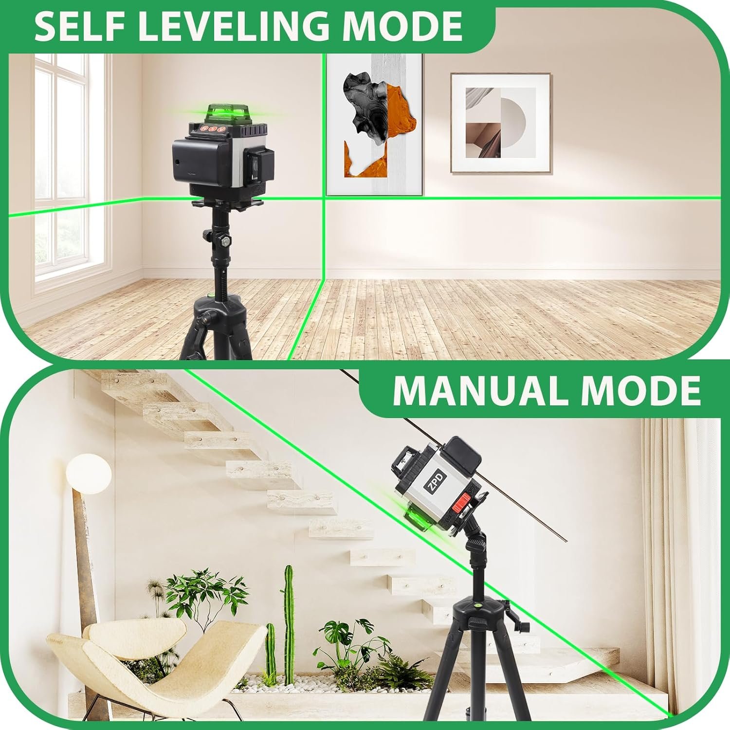 Laser Level, ZPD Laser Level with Tripod, 4 x 360 Self Leveling Laser Measuring Tool Green Lazer Level 16 Line Level Laser 360 Self Leveling for Construction, Home Renovation, Picture Hanging - Image 3