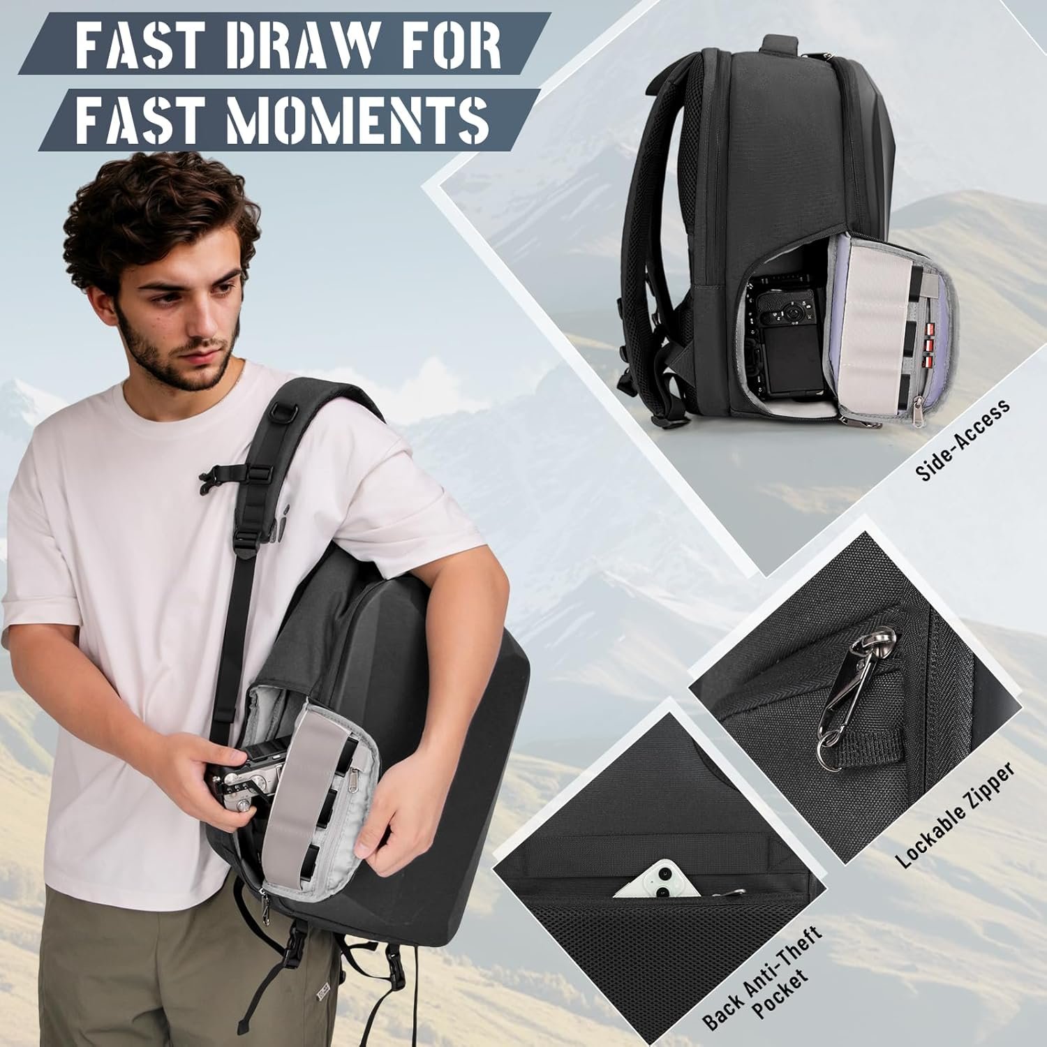 RAINSMORE Camera Backpack Hard Shell for DSLR/SLR Waterproof Camera Bag with Laptop Compartment 15.6 Inch Professional Camera Case with Rain Cover Photography Backpack Bag with Camera Lens Case Black - Image 3