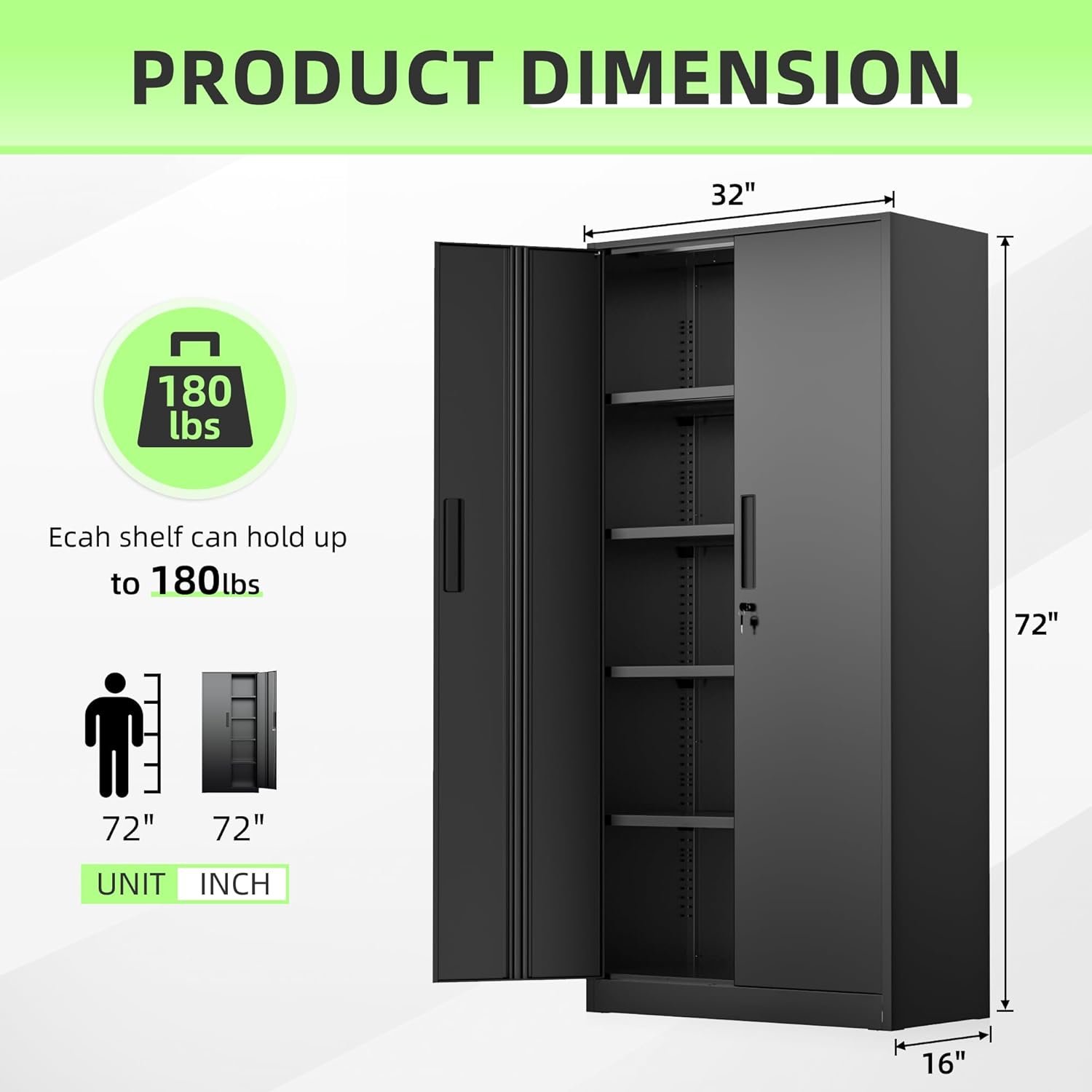 INTERGREAT Black Metal Storage Cabinet, 72" Locking Steel Cabinets with 2 Door and 4 Adjustable Shelves, Tall Metal Cabinet for Home Office, Garage, Warehouse - Image 3