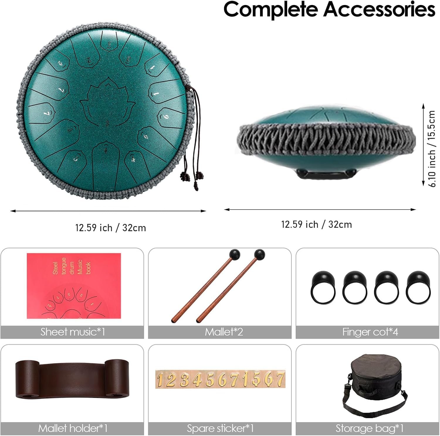 Konrisa 13 Inch 15 Notes Steel Tongue Drum Percussion Instruments C Major, Steel Drum Musical for Meditation Yoga Zen, Hand Pan Instruments with Drum Mallets and Carry Bag (Green) - Image 6