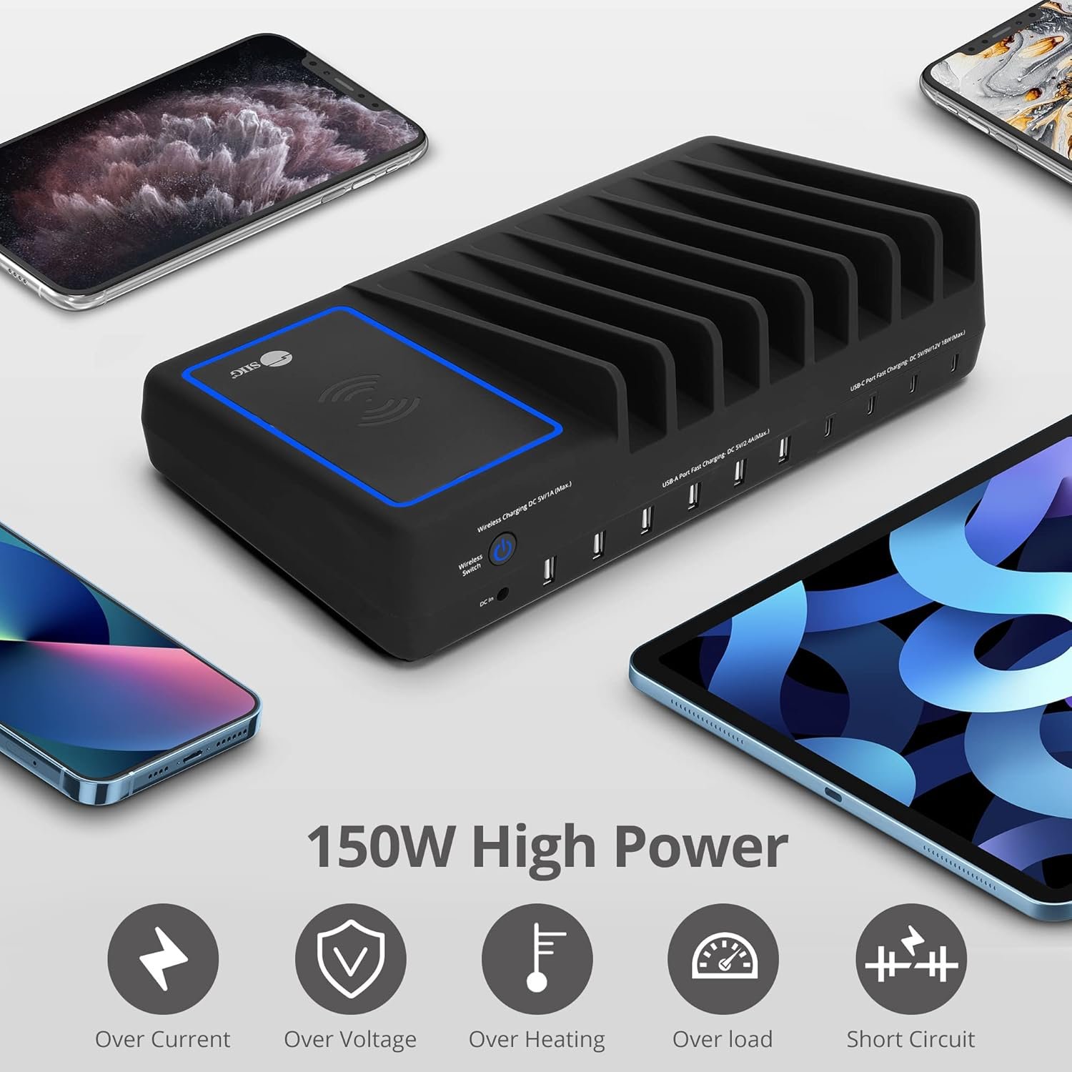 SIIG 10 Port 150W USB Charging Station with Qi Wireless Charging Deck, 6X USB-A and 4X USB-C Charging Ports, Vertical Device Organizer, Compatible with iPhones, iPads and More (AC-PW1R11-S1) - Image 3