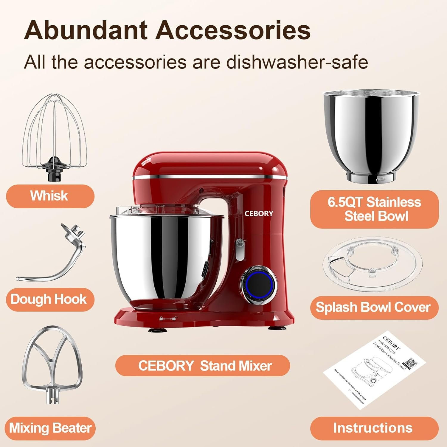 3-IN-1 Electric Stand Mixer, 6.5QT Bowl 660W 10-Speed Kitchen Mixer, Household Food Mixers include Dough Hook, Beater and Whisk, Bread Cake Mixer for Baking and Most Home Cooks, Red - Image 2