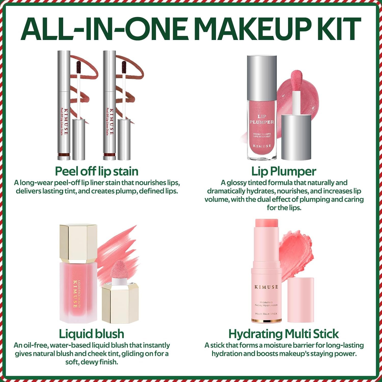 KIMUSE All in One Makeup Kit for Women, Girls, Teens with Makeup Bag, 4 Pcs Makeup Gifts Set Includes Lip Stain,Lip Plumper,Liquid Blush,Multi Balm Stick, Christmas Make Up Collection, Holiday Present - Image 4