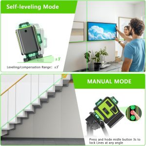 16 Line Laser Level 360 Self Leveling, 4×360°Professional 4D Green Cross Line laser Level with 2 Batteries, Adjustable Brightness & Remote Control, for Tiling Floor Construction and Picture Hanging