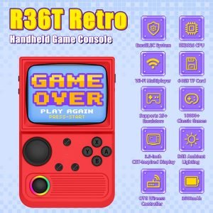 R36T Retro Gaming Console, 3.5” IPS Screen CRT-Inspired, Handheld Game Console with 18000+ Classic Games Supports WiFi Networked Fighting and OTG, 3500mAh Battery, with Portable Case(Red 64GB)