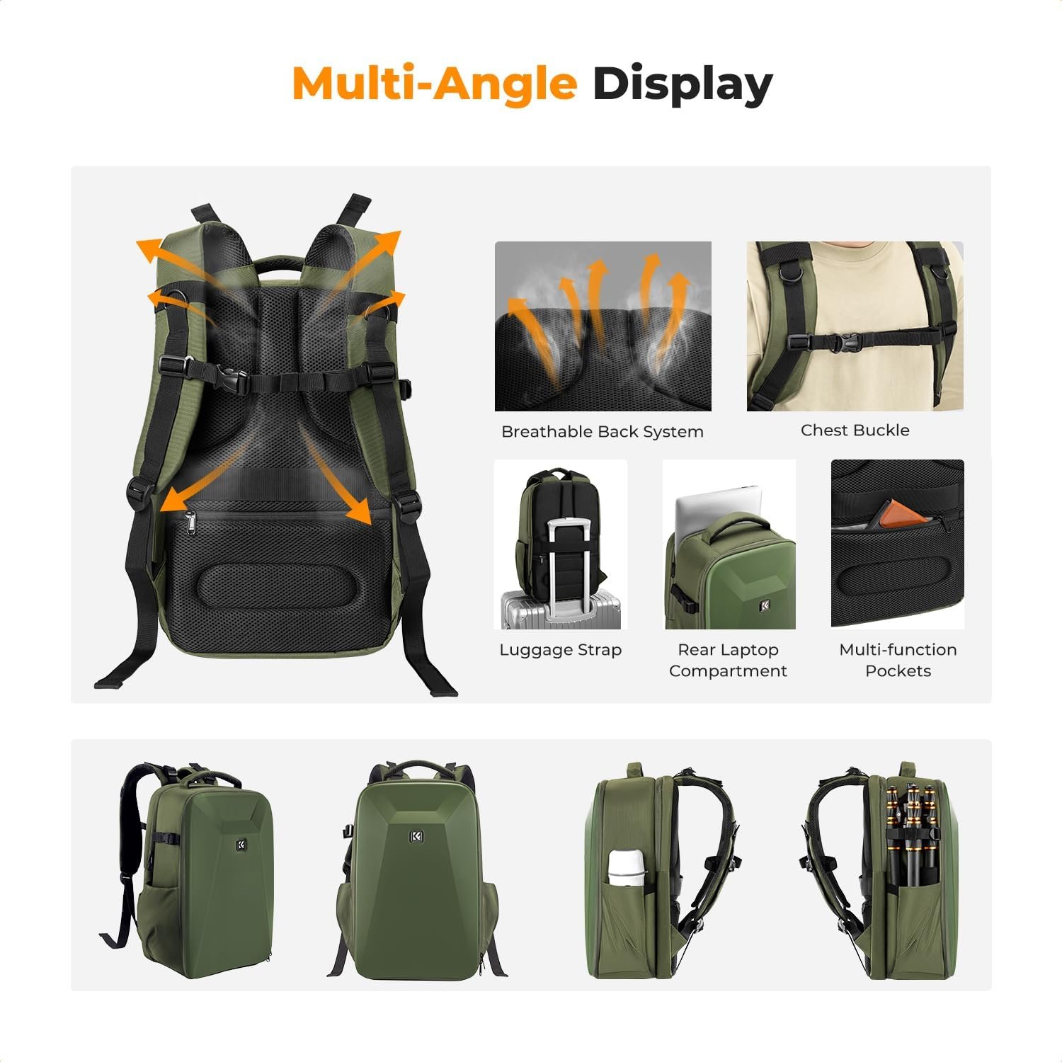 K&F CONCEPT Camera Backpack,Hardshell Photography DSLR Camera Bag with 15-15.6 Inch Laptop Compartment Hard Shell Camera Case Compatible with Canon/Nikon/Sony/DJI Mavic Drone - Image 4