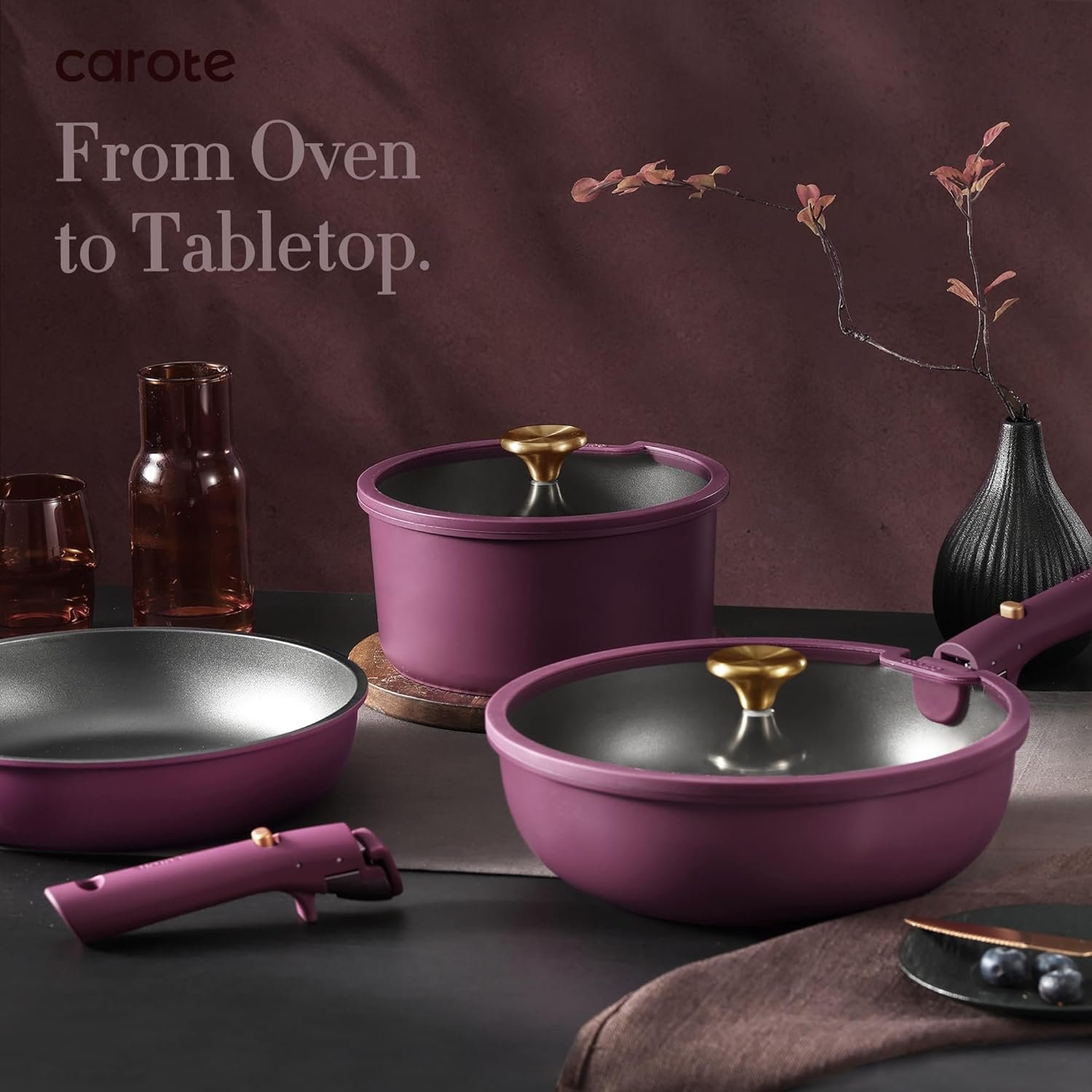CAROTE 21pcs Pots and Pans Set, Nonstick Cookware Set Detachable Handle, Induction Kitchen Cookware Sets Non Stick with Removable Handle, RV Cookware Set, Gold and Purple - Image 6