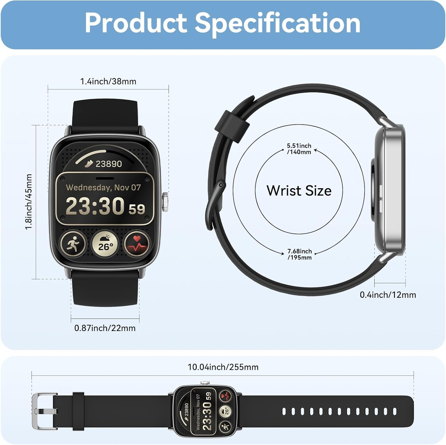 Smart Watch for Women Men, 1.85" HD Dynamic Dial Smartwatch for Android & iPhone with Answer/Make Call, Fitness Tracker with 110+ Sport Modes, Heart Rate/SpO2/Sleep Monitor, IP68 Waterproof (2 Bands) - Image 9