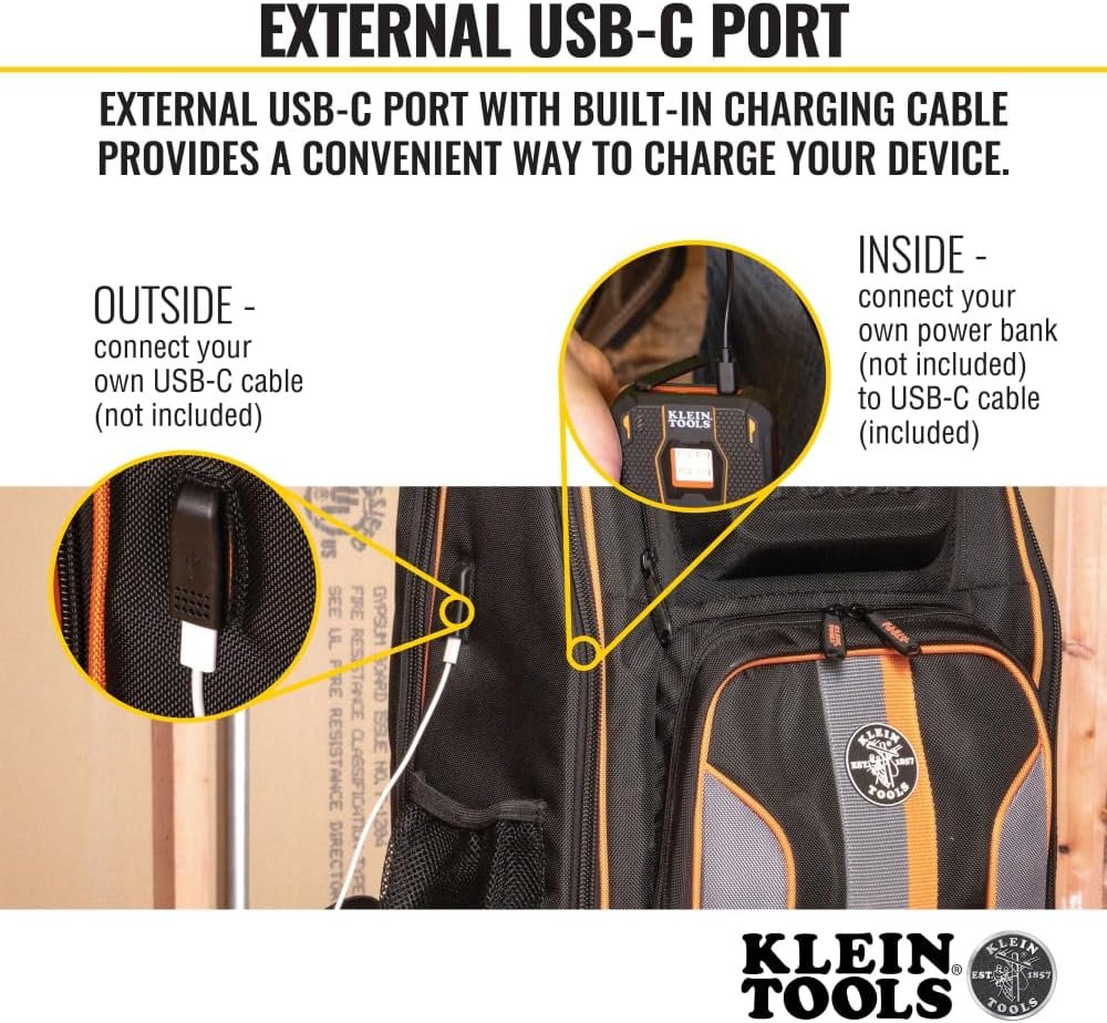 Klein Tools 62805BPTECH 28-Pocket Laptop Backpack Tool Bag, Tradesman Pro Extra-Large Tech Tool Backpack with Molded Bottom, Charging Port - Image 3
