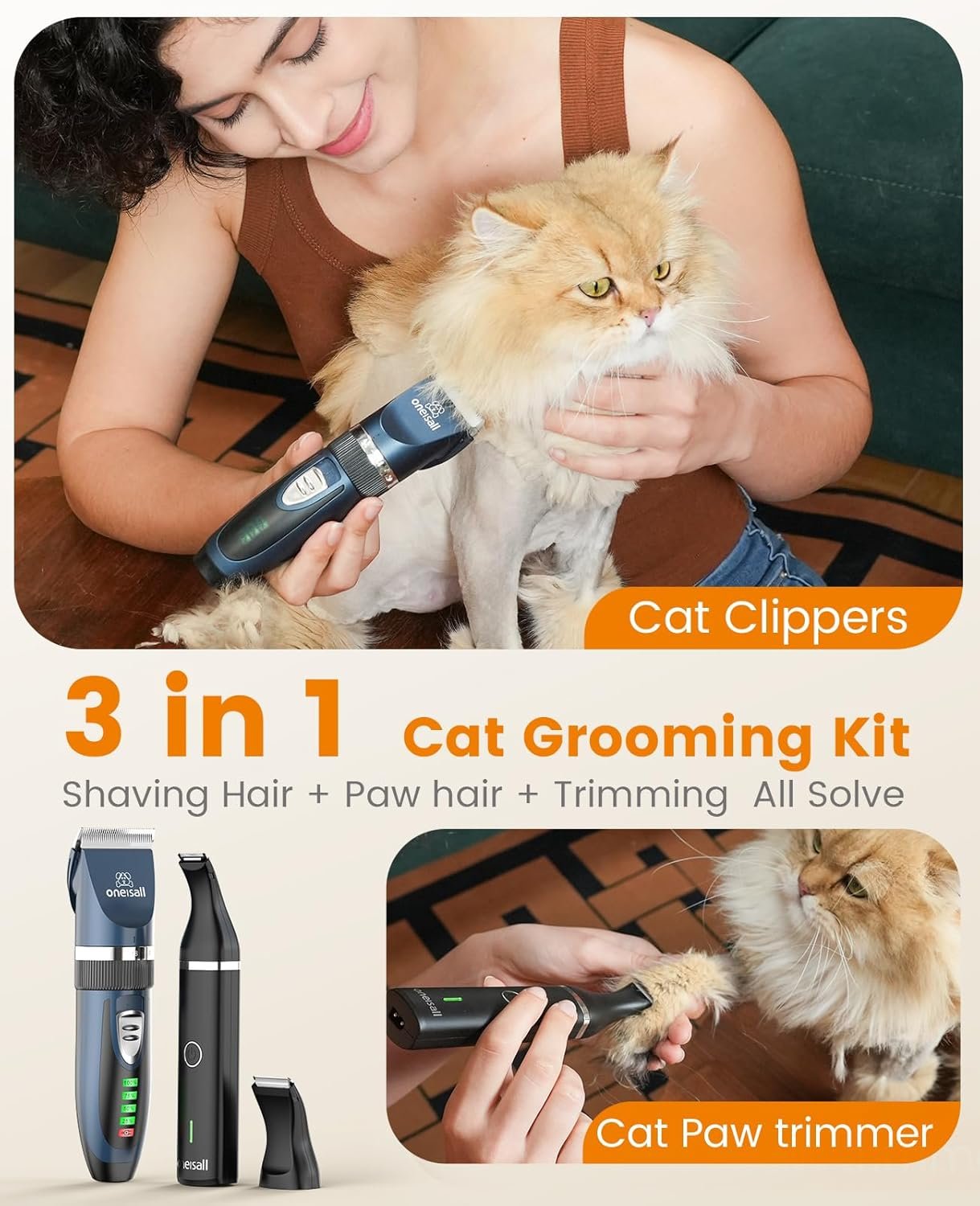 oneisall Cat Clippers and Paw Trimmer 3 in 1 Cat Grooming Kit,Cat Clippers for Matted Hair,Cordless Kitty Shaver for Matted Long Hair,2 Speed Pet Clippers - Image 2