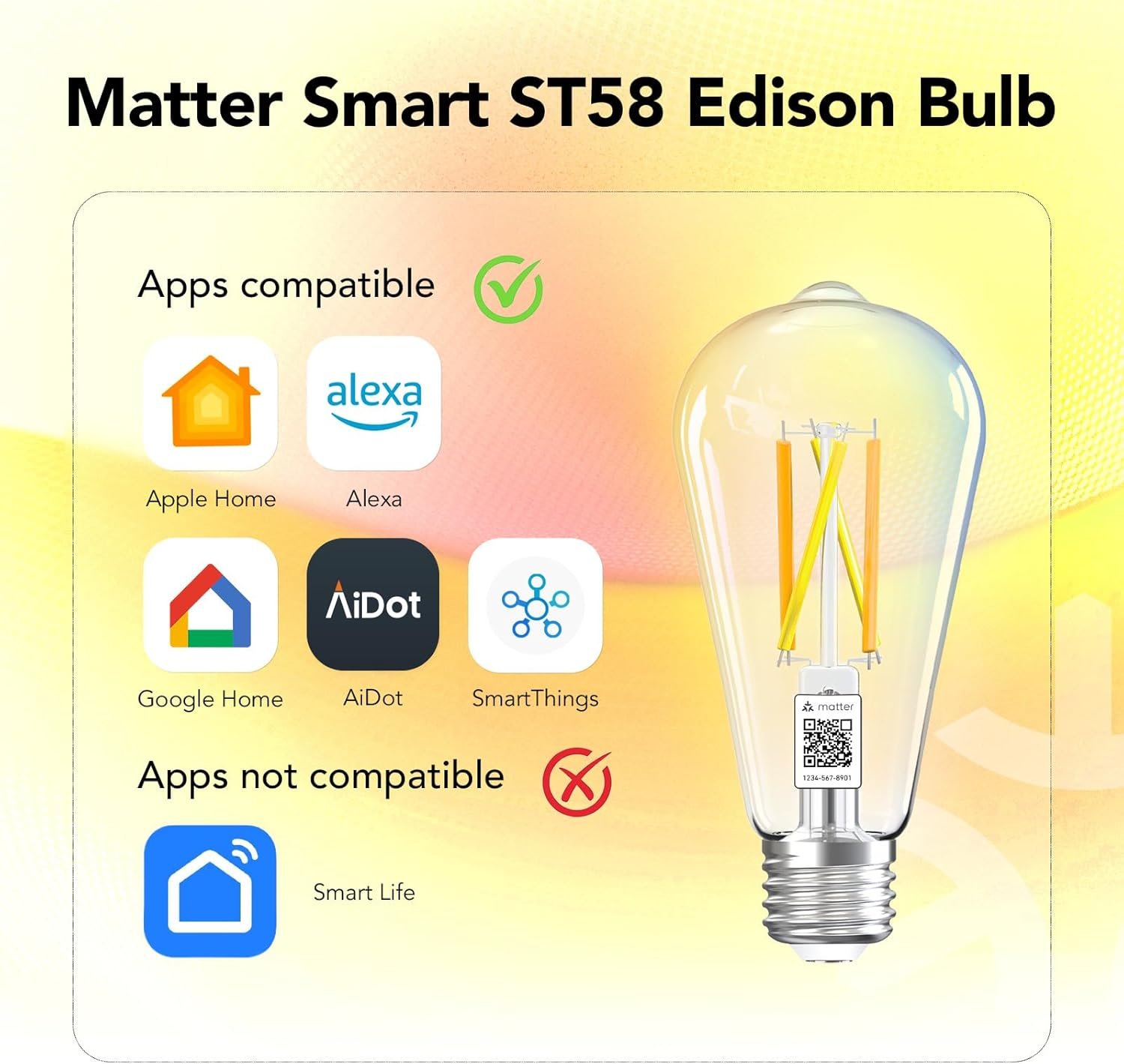 OREiN Matter Smart Light Bulb, ST19(58) Smart Edison Bulbs with Remote Control Work with Apple Home, Alexa, Google Home, SmartThings, 800lm 2700K-6500K Smart Filament Bulb E26 Base 6Pack - Image 5