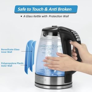 1500W Electric Kettle with Temperature Control – 6-Temp Presets for Tea/Coffee, Double Wall Cool-Touch, 4H Keep Warm, 1.7L Borosilicate Glass & BPA-Free, Fast Boil for Home/Office