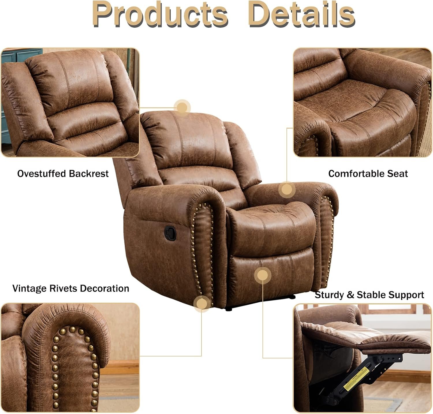 CANMOV Leather Recliner Chair, Classic and Traditional Manual Recliner Chair with Comfortable Arms and Back Single Sofa for Living Room, Nut Brown - Image 4