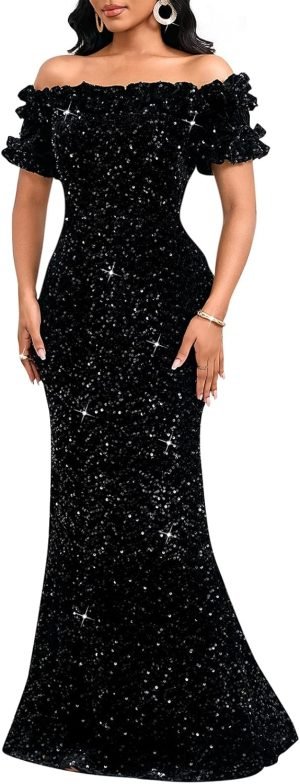 Women Sexy Sequin Off Shoulder Ruffle Short Sleeve Bodycon Mermaid Party Formal Evening Ma...