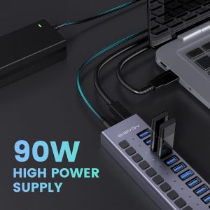 90W Powered USB Hub – ACASIS 16 Ports USB 3.0 Data Port, Aluminum Housing, Individual On/Off Switches, 12V/7.5A Power Adapter, USB Splitter for Laptop, PC, Computer, Printer