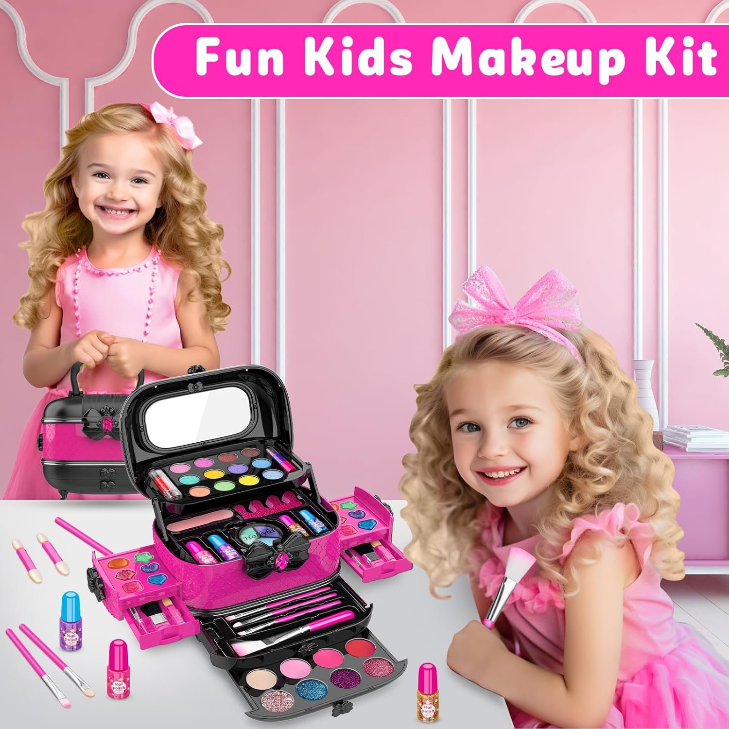 Hollyhi 58 Pcs Kids Makeup Kit for Girl, Princess Toys Real Washable Cosmetic Set with Mirror, Kids Makeup Sets for Girls, Play Make Up Birthday Gifts for 3 4 5 6 7 8 9 10 11 12 Years Old Kid (Rose) - Image 6