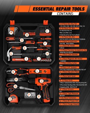 139-Piece Tool Set – Tool Kit with 8V Cordless Drill Driver in ToolBox Storage Case, General Household Drill Set for Home Repairs, Handyman, DIY Projects