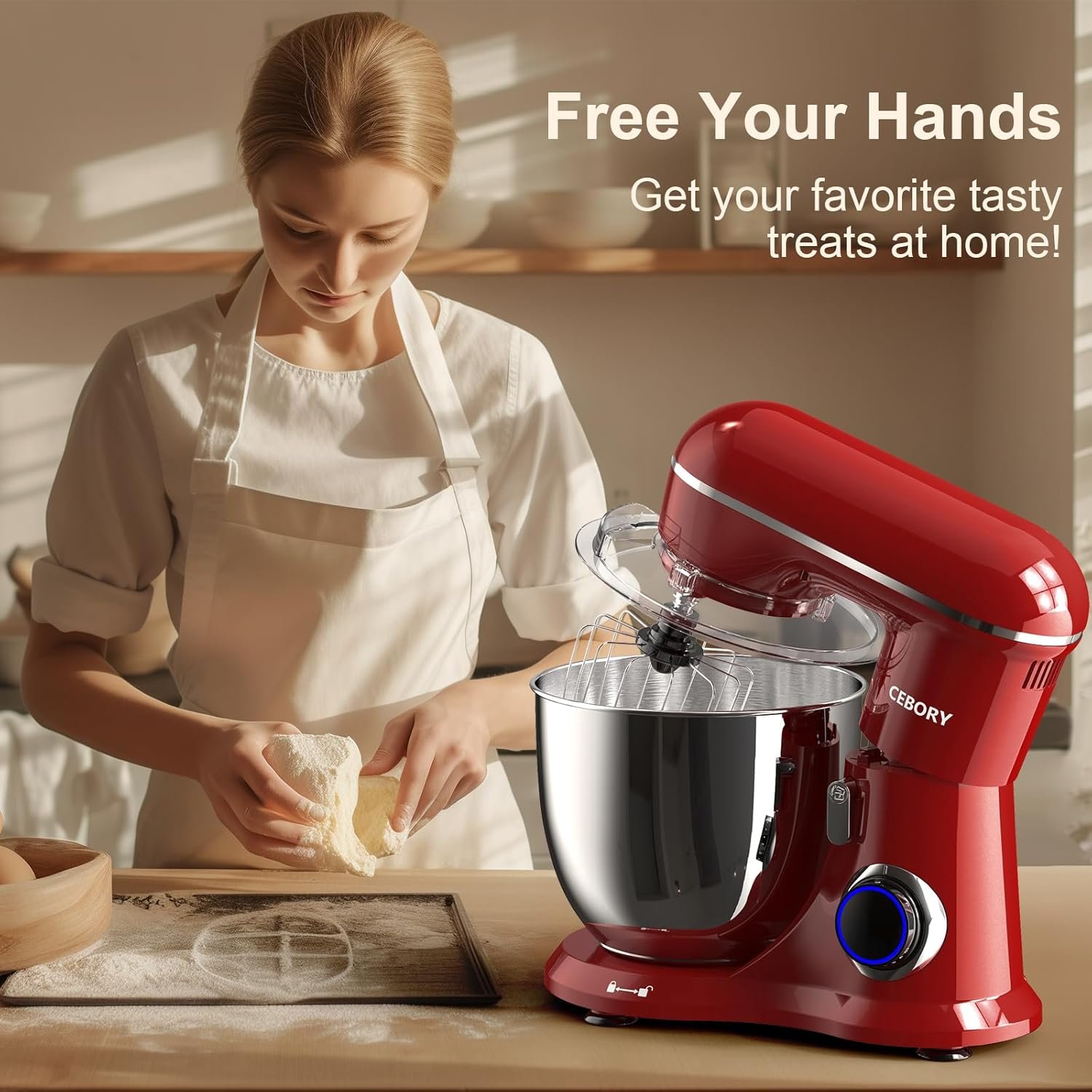 3-IN-1 Electric Stand Mixer, 6.5QT Bowl 660W 10-Speed Kitchen Mixer, Household Food Mixers include Dough Hook, Beater and Whisk, Bread Cake Mixer for Baking and Most Home Cooks, Red - Image 6