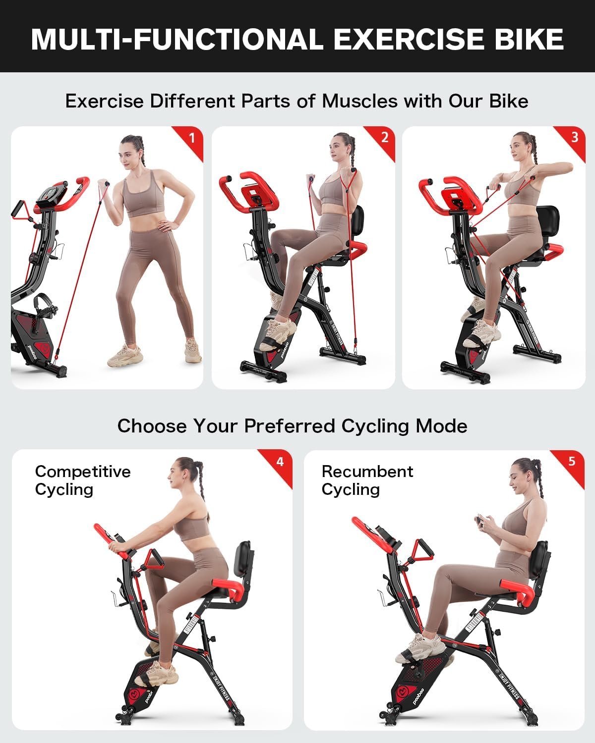 pooboo Folding Exercise Bike, Foldable Upright Stationary Bike, Indoor Cycling Magnetic X-Bike with 8-Level Adjustable Resistance, 6.6 LBS Flywheel, 300LB Capacity, Bottle Holder & Back Support Cushion for Home Gym - Image 3