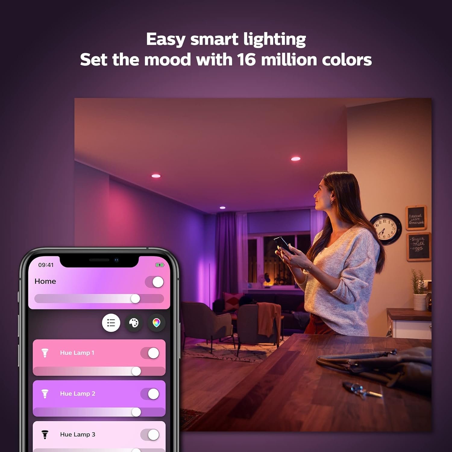 Philips Hue Smart Lighting Bundle: 3-Pack A19 LED Smart Light Bulbs (White and Color Ambiance) Bridge - Control with Hue App, Compatible with Alexa, Google Assistant, Apple Homekit - Image 5