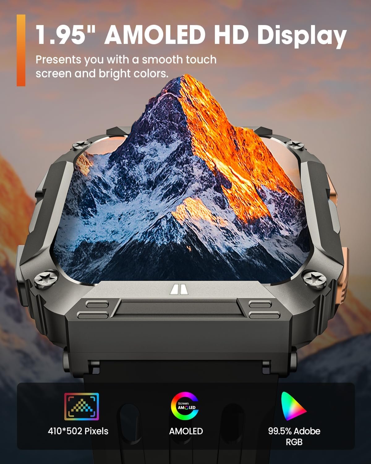 Smart Watches for Men, Military Smart Watch with 100 Days Battery/LED Flashlight, 1.95'' Fitness Watch with Heart Rate/ Sleep Monitor/100+ Sports Mode, 5 ATM Rugged Smartwatch for Android and iPhone - Image 8