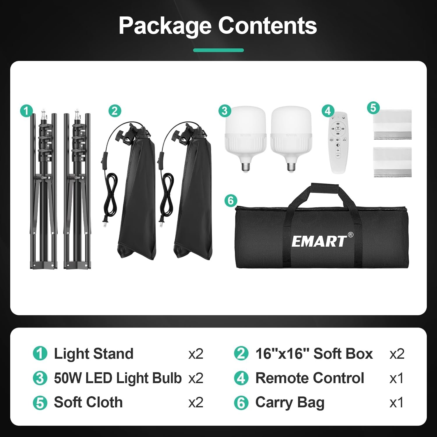 EMART Softbox Photography Lighting Kit, 16"x16" Pull Soft Box, 50W 3000K-6000K LED Bulb with Remote/APP Control, Professional Photoshoot Equipment for Studio Lights, Portrait, Video Recording(2 Pack) - Image 7