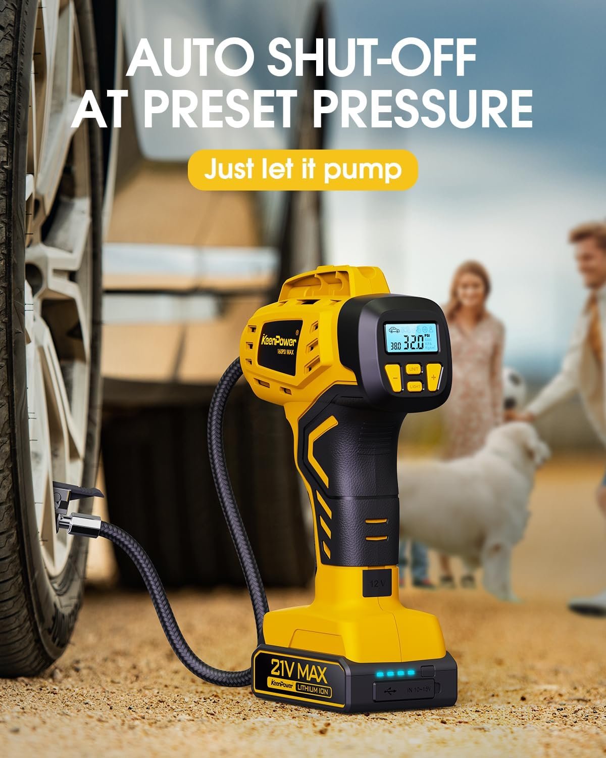 KeenPower Tire Inflator Portable Air Compressor - 2X Faster - 21V Rechargeable Battery Powered Handheld 160PSI Tire Inflator, Dual Power Supply Modes, Air Pump for Car Motorcycle E-Bike - Image 5
