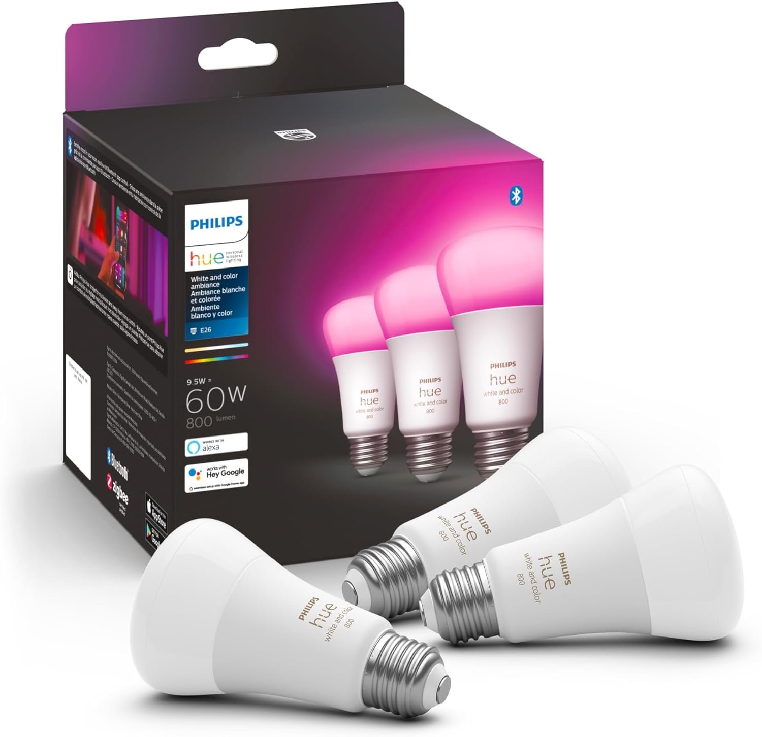 Philips Hue Smart Lighting Bundle: 3-Pack A19 LED Smart Light Bulbs (White and Color Ambiance) Bridge - Control with Hue App, Compatible with Alexa, Google Assistant, Apple Homekit - Image 2