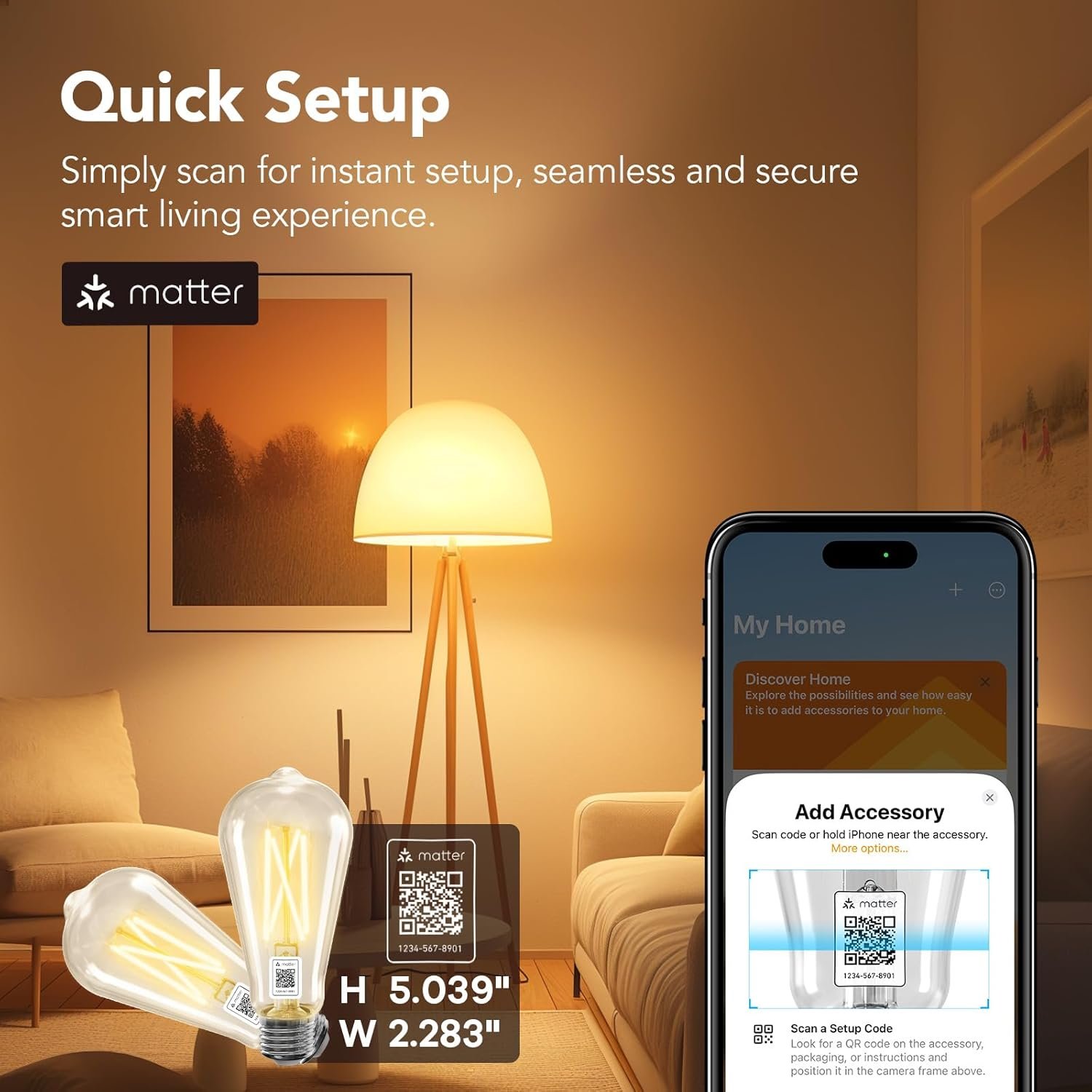 OREiN Matter Smart Light Bulb, ST19(58) Smart Edison Bulbs with Remote Control Work with Apple Home, Alexa, Google Home, SmartThings, 800lm 2700K-6500K Smart Filament Bulb E26 Base 6Pack - Image 3