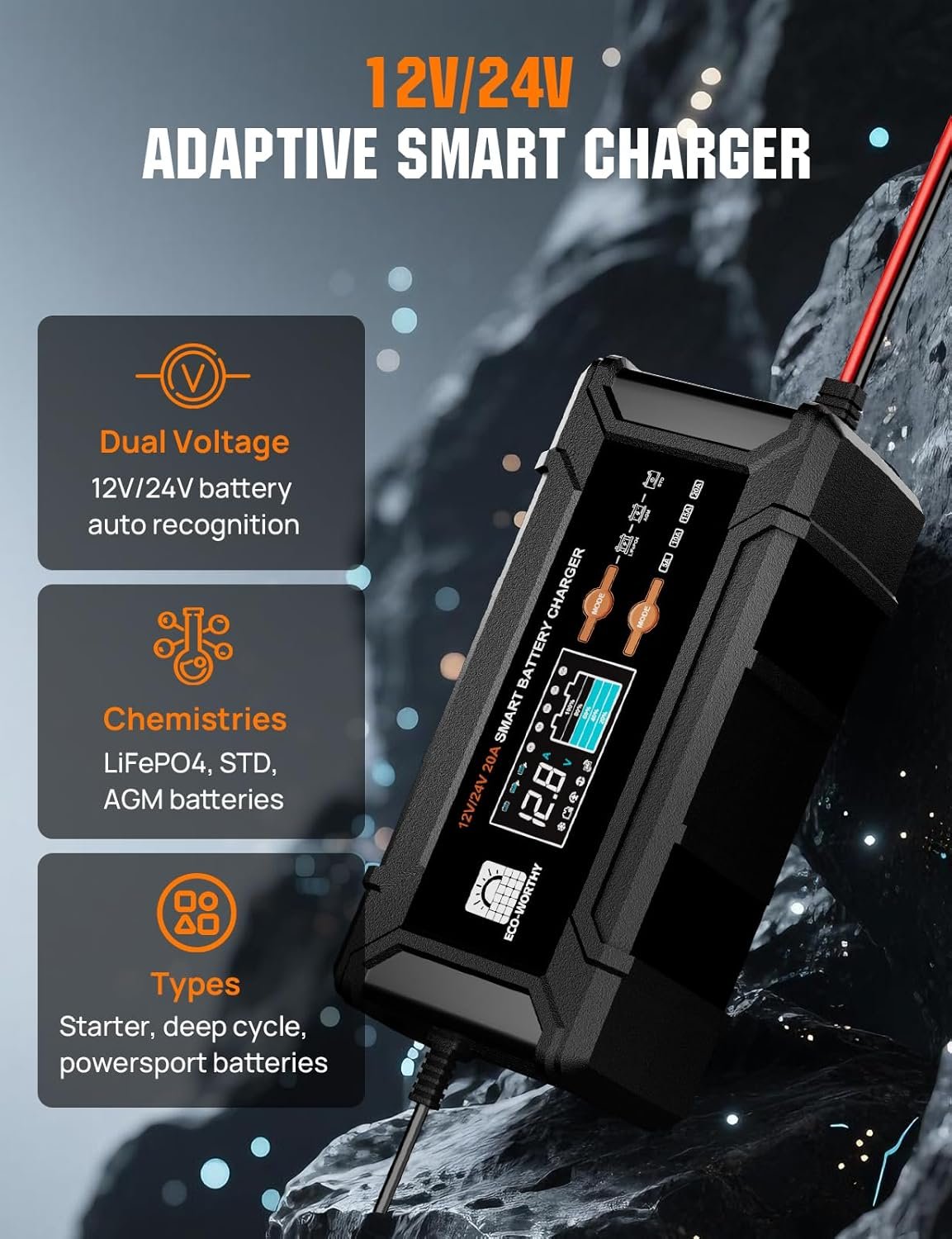 ECO-Worthy 12V/24V 20A Smart Battery Charger Maintainer, Auto Voltage Detect for LiFePO4 Lead-Acid with Multi-Current Options 5A/10A/15A/20A, Trickle Charger for Car Motorcycle Lawn Mower RV Camping - Image 2