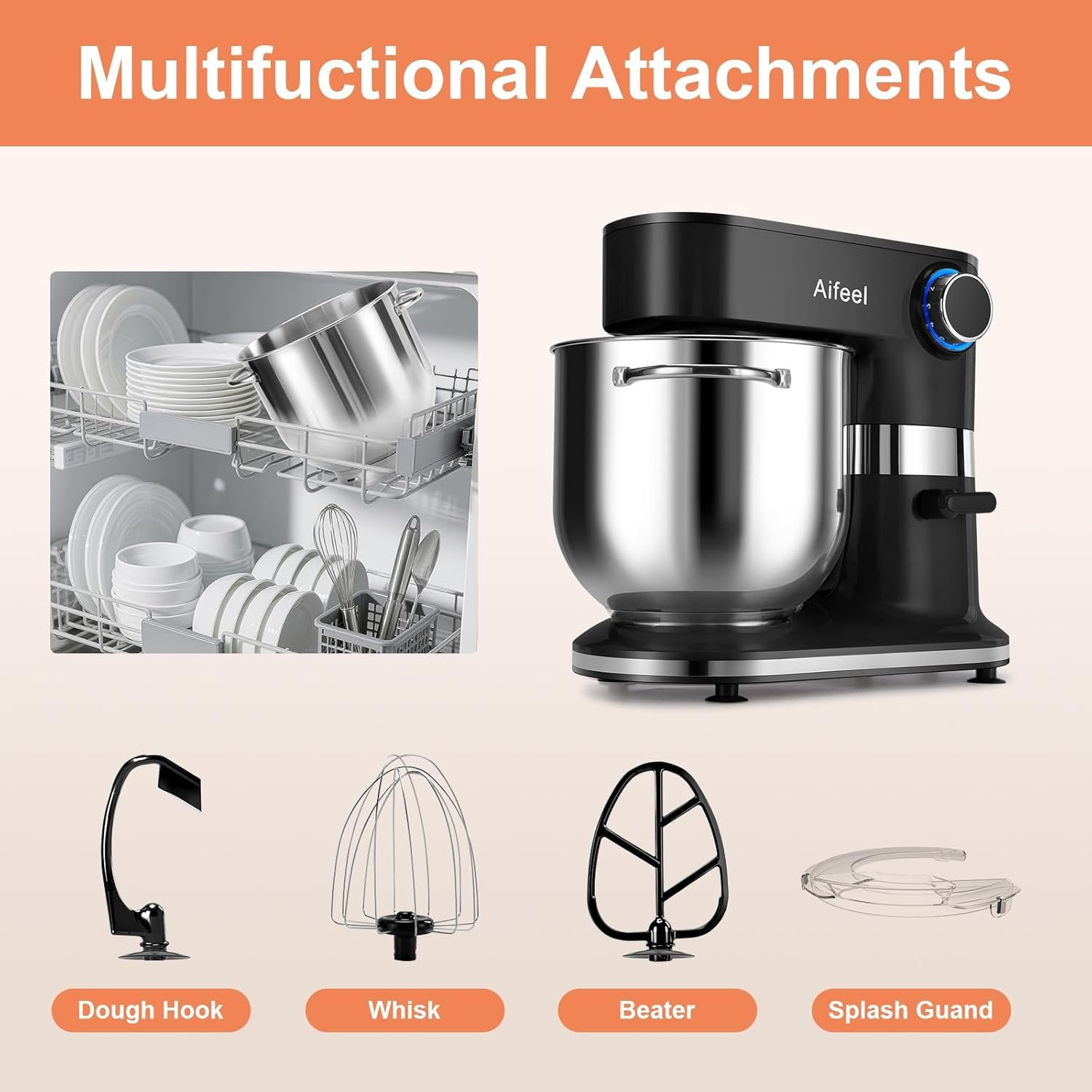 Aifeel 10.5 QT Stand Mixer,900W Electric Food Dough Mixer,Large Capacity Tilt-Head Kitchen Electric Mixer with Dough Hook,Beater,Whisk & Splash Guard,Dishwasher-Safe Attachments for Baking(Black) - Image 7