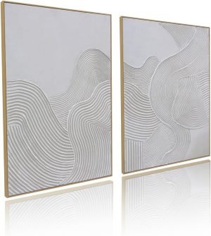 Framed Neutral Abstract Wall-Art Painting – Large Abstract Canvas Wall Decor 3D Curve Illustrations Hand painting for Living Room, Bedroom, Office – 2 Piece 28 x 40 Inch, Ready to Hang