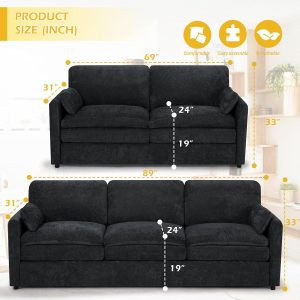 2 Pieces Chenille Sofa Set w/Throw Pillows, Upholstered Loveseat & 3 Seater Sofa w/Comfortable Back Cushions, Modern 2-Seat & 3-Seat w/High-Density Foam for Living Room, Apartment, Black