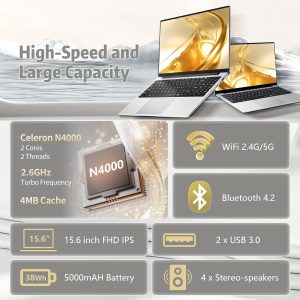 15.6 inch Laptop, Laptops with Celeron N4000, 2025 Gaming Laptop for 12GB LPDDR4 256GB SSD, IPS FHD 1920×1080, WiFi+BT4.2+Mini HDMI+TF Card Slot, Traditional Laptops Computers Convertible 180° Netbook
