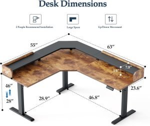 L Shaped Standing Desk with Shelf, 63 x 55 inch Height Adjustable Corner Desk, Sit-Stand Workstation with Memory, 264lbs Load Capacity, Rustic Brown