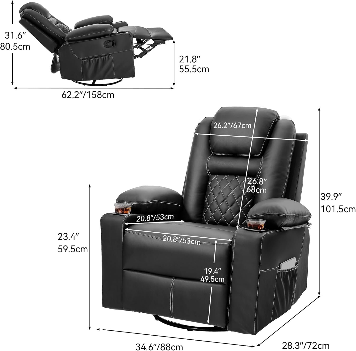 YITAHOME Recliner Chair,PU Rocking Chair for Adults,Swivel Recliner with Cup Holders,Heat and Massage,Single Sofa Seat with Side Pockets for Living Room/Bedroom,Black - Image 2