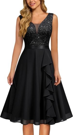 MISSMAY Women’s Vintage V-Neck Sequin Formal Party A-Line Dress