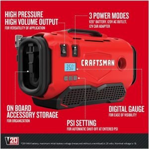 CRAFTSMAN V20 Tire Inflator Portable Air Compressor, Car Air Pump, 3 Modes Tire Pump: Cordless, 120V Corded, and 12V Car Adapter, Battery Sold Separately (CMCE520B)
