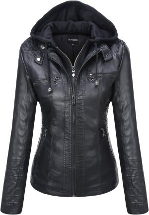 Tanming Womens Faux Leather Jacket Hooded Moto Biker Coat Outerwear Fall Fashion Outfits W...