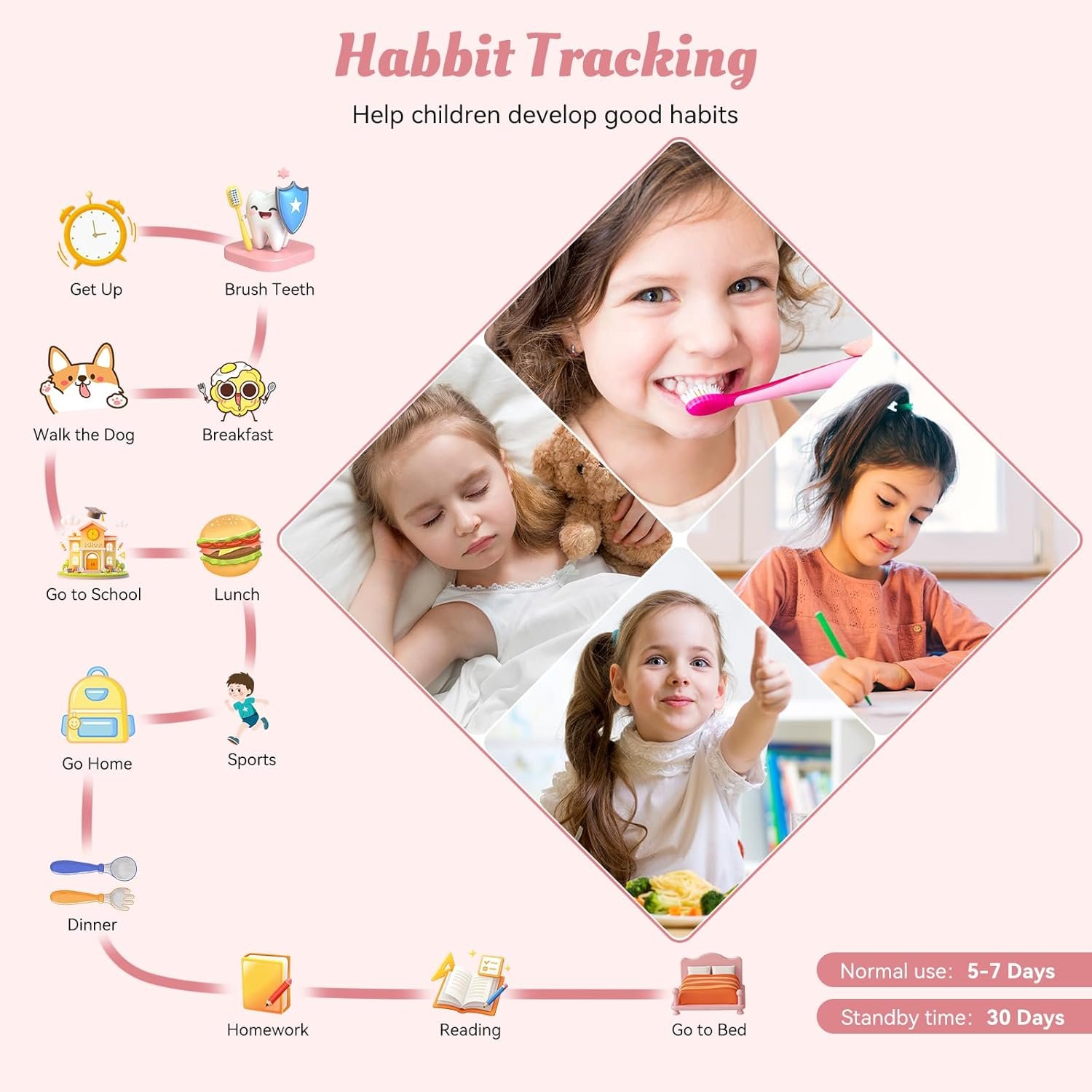 Smart Watch for Kids, 12 Puzzle Games HD Touch Screen Watches, Step Counter, Heart Rate and Sleep Monitor, Flashlight, Music Player,12/24 hr Educational Toys Birthday Gifts for Girls Ages 6-12 (Pink) - Image 7