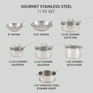 T-fal Stainless Steel Cookware Set, 11 Piece, Induction Cookware, Oven Safe to 500°F, Kit...
