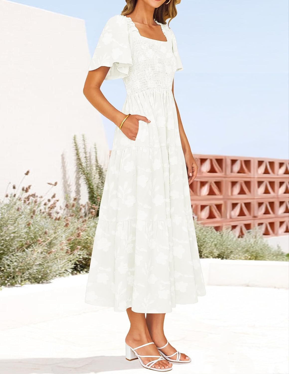 ZESICA Women‘s Summer Boho Floral Midi Dress 2025 Casual Short Sleeve Square Neck Flowy Beach Vacation Long Dress - Image 4