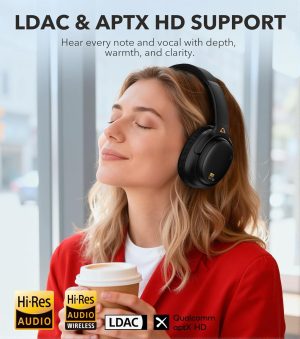 1Mii E700 Wireless Bluetooth Over Ear Headphones with Active Noise Canceling, Hi-Res Audio LDAC/aptX Low Latency for Airplane Travel Overhead Comfort, 54H Playtime, Custom EQ via App – Black