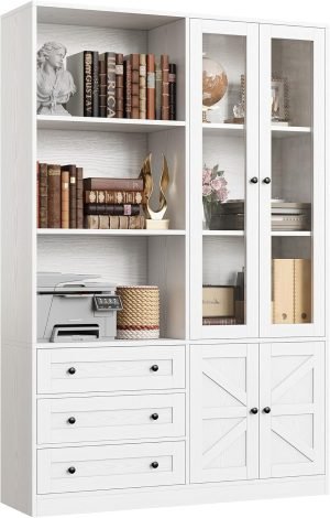 IRONCK Bookshelf with Drawers, 70.63 inch Tall Bookcase with Farmhouse Doors, 6 Tiers Book Shelf with Acrylic Doors, Bookshelves and Bookcases for Home Office, Living Room, Bedroom, White