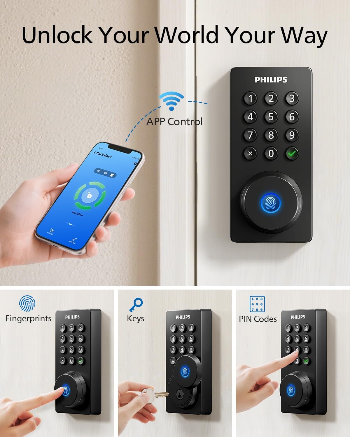 Philips Wi-Fi Door Lock, WiFi Smart Lock Keyless Entry Deadbolt for Front Door, Compatible with Alexa & Google Assistant, Remote Control, Built-in WiFi, APP Fingerprint Passcode Unlock, Auto Locking - Image 3
